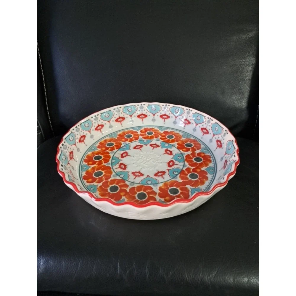 Anthropologie Poppy Ring Pie Pan Bright Flowers‎ Stoneware